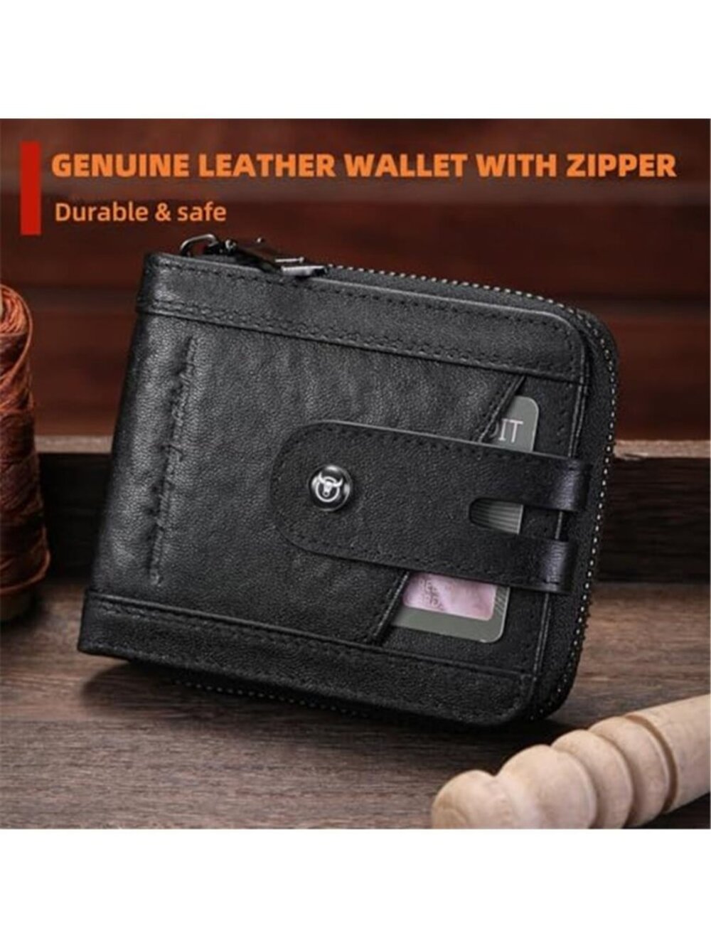 Men's Genuine Leather Wallet with Zipper - Picture 2 of 6
